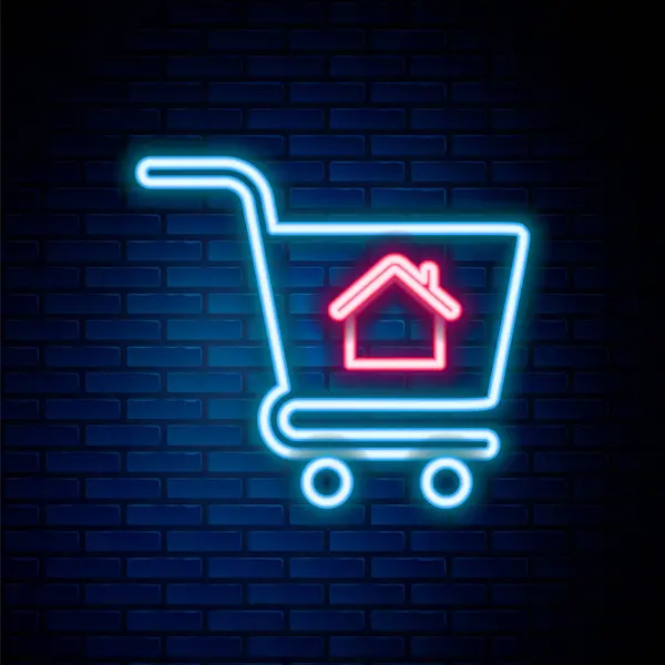Leuchtende Neon-Linie Warenkorb mit Haus-Symbol isoliert auf Backsteinwand Hintergrund. Hauskauf-Konzept. Eigenheimkredit-Konzept, Miete, Immobilienkauf. Buntes Rahmenkonzept. Vektor — Stockvektor