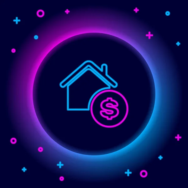 Zářící neonová čára Dům s ikonou symbolu dolaru izolované na černém pozadí. Domov a peníze. Koncept nemovitostí. Barevný koncept. Vektor — Stockový vektor