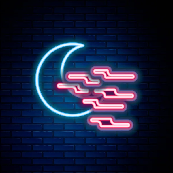 Gloeiende neon lijn mist en maan pictogram geïsoleerd op baksteen muur achtergrond. Kleurrijk concept. Vector — Stockvector