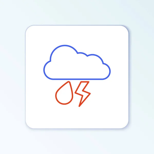 Line Cloud med regn och blixt ikon isolerad på vit bakgrund. Regn moln nederbörd med regndroppar.Väder ikon av storm. Färgstarkt skisskoncept. Vektor — Stock vektor