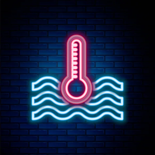 Светящаяся неоновая линия Вода термометр измерения тепла и холода значок изолирован на фоне кирпичной стены. Термометр показывает жаркую или холодную погоду. Красочная концепция контура. Вектор — стоковый вектор