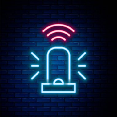 Parlayan neon hattı Akıllı teşhirci siren sistemi simgesi tuğla duvar arkasında izole edildi. Acil durum sireni. İnternet kavramının kablosuz bağlantısı. Renkli taslak konsepti. Vektör