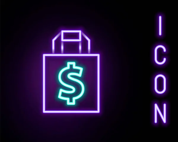 Gloeiende neon lijn Shoping tas en dollar symbool pictogram geïsoleerd op zwarte achtergrond. Handtas bordje. Vrouw zak icoon. Vrouwelijk handtasteken. Kleurrijk concept. Vector — Stockvector