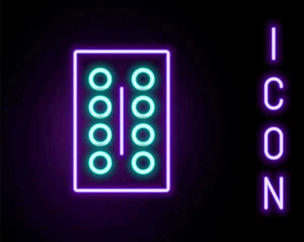 Gloeiende neon lijn Pillen in blisterverpakking pictogram geïsoleerd op zwarte achtergrond. Medicijnpakket voor tablet, vitamine, antibioticum, aspirine. Kleurrijk concept. Vector — Stockvector