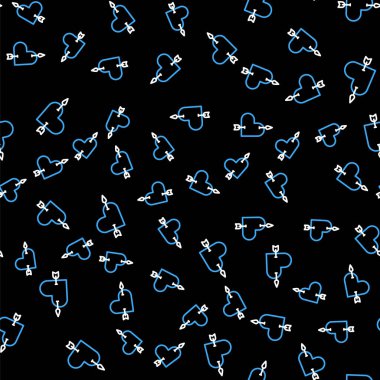 Kalp ve ok ikonlu Line Amour sembolü siyah arkaplanda izole edilmiş kusursuz desen. Aşk işareti. Sevgililer Günü sembolü. Vektör