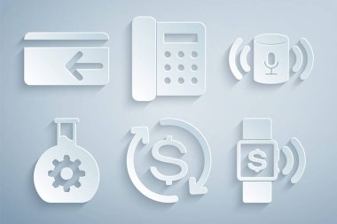 Yatırımın dönüşü, ses asistanı, biyomühendislik, temassız ödeme, telefon ve nakit para iade ikonu. Vektör