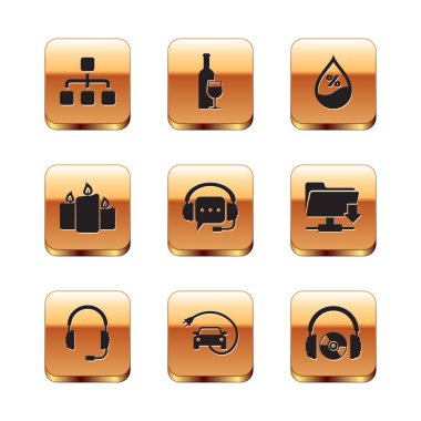 Hiyerarşi organizasyon şemasını, mikrofonlu kulaklıkları, elektrikli arabayı, konuşma balonunu, yanan mumları ve su bırakma yüzdesi simgesini ayarla. Vektör