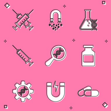 Çapraz şırınga, mıknatıs, para, DNA araştırması, arama, şırınga ve ilaç şişesi ikonu. Vektör