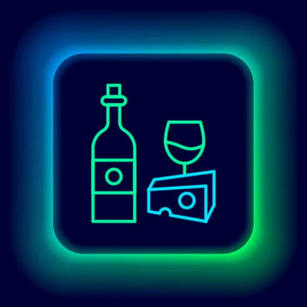 Brillante línea de neón Botella de vino con icono de vidrio y queso aislado sobre fondo negro. Cena romántica. Concepto de esquema colorido. Vector — Vector de stock