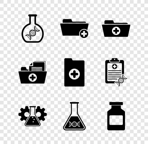 Stel DNA-onderzoek, zoeken, Gezondheidsdossier,, Bioengineering, en Geneeskunde fles pictogram. Vector — Stockvector