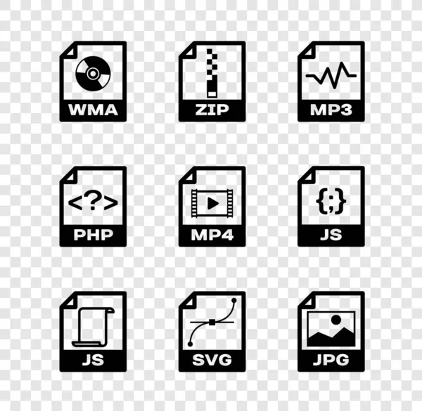 Establecer documento de archivo WMA, ZIP, MP3, JS, SVG y JPG icono. Vector — Archivo Imágenes Vectoriales