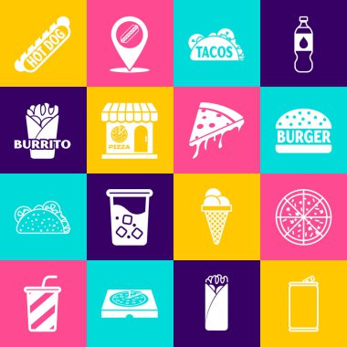 Alüminyum kutu, Pizza, Burger, Tortilla, Pizzeria binası cepheli Taco, Burrito, Hotdog sandviçi ve pizza ikonu hazırla. Vektör