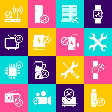 USB flash disk servisi, bilek saati, çapraz anahtarlar, veritabanı sunucusu, güç bankası, Tv, Router kablosuz ağ ve simgeyi ayarla. Vektör