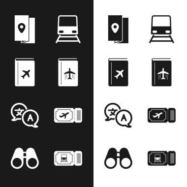 Kapak kitabı seyahat rehberi, tren, çevirmen, uçak bileti ve dürbün simgesini ayarla. Vektör