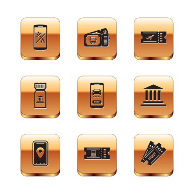 Çevrimiçi çevirmen, şehir haritası bilgileri, tren bileti, araba paylaşımı, müze, havayolu, bilet ve otobüs simgesi. Vektör