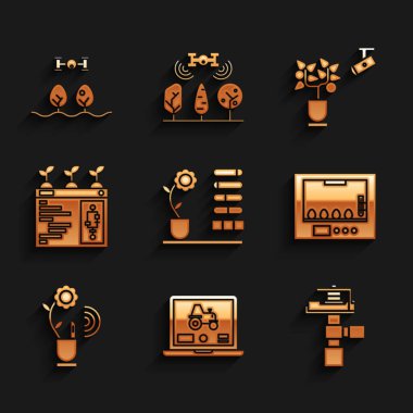 Çiçek statüsünü ayarla, akıllı çiftlikler için dizüstü bilgisayar uygulaması, otomatik sulama fıskiyeleri, kuluçka yumurtaları, akıllı tarım teknolojisi, ve İHA simgesi. Vektör