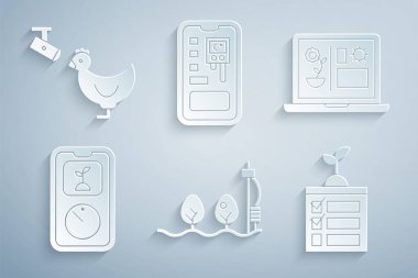 Standalone sensör ve tesisi akıllı tarım teknolojisi, kontrol sistemi ve Tavuk kamera simgesini ayarla. Vektör