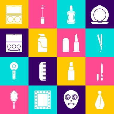 Parfüm, göz kalemi, kaş, saç maşası, tırnak cilası şişesi, krem kozmetik tüp, gölge paleti, aynalı makyaj tozu ve ruj ikonu. Vektör