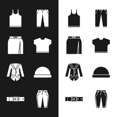 Set tişörtü, etek, kolsuz, pantolon, Blazer veya ceket, Beanie şapkası ve deri kemer ikonu. Vektör