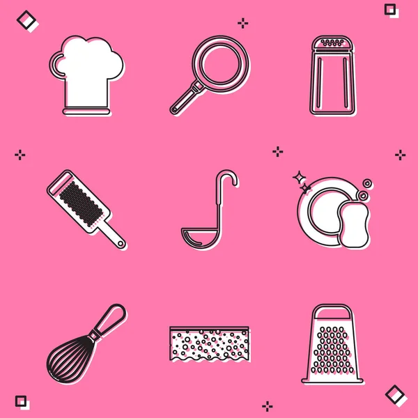 Set Koksmutsen, Braadpan, Zout en peper, Rasp, Keukenlepel, Afwas, garde en Spons met bubbels icoon. Vector — Stockvector