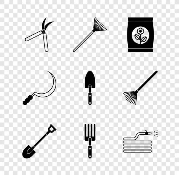 Set Gardening handmade scissor, rake for leaves, Fertilizer bag, shovel, fork, hose fire hose, Sickle and trowel spade icon. Vector — Stock Vector