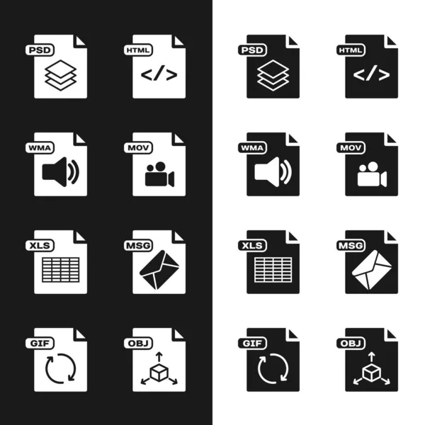 Stel MOV-bestand document, WMA, PSD, HTML, XLS, MSG, OBJ en GIF pictogram. Vector — Stockvector