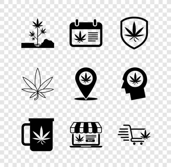 Set Plantarea marijuana, Calendar și, Scut, ceai de cupă cu, Cumpărare online, Coș de cumpărături, Marijuana sau frunze de canabis și pictograma Locație. Vector — Vector de stoc