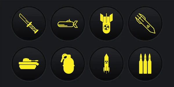 Conjunto de tanque militar, cohete de riesgo biológico, granada de mano, nuclear, bomba, submarino, bala y cuchillo icono. Vector — Archivo Imágenes Vectoriales