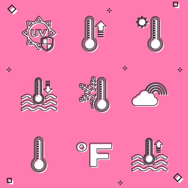 Set UV protection, Meteorology thermometer, Water, Thermometer with snowflake, Rainbow cloud, and Fahrenheit icon. Vector — Stock Vector