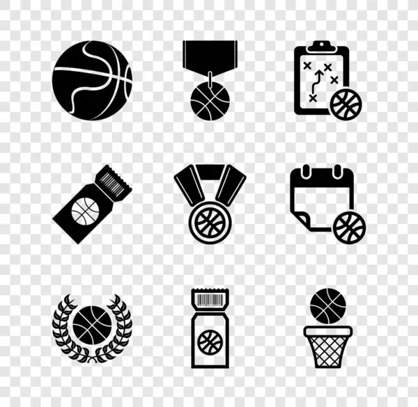 Establecer pelota de baloncesto, medalla, estrategia de planificación, Premio con el baloncesto, boleto de juego, y, y el icono. Vector — Vector de stock