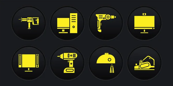 Set Smart TV, Computer monitor, Elektrische accuschroevendraaier, mixer, boormachine en icoon. Vector — Stockvector