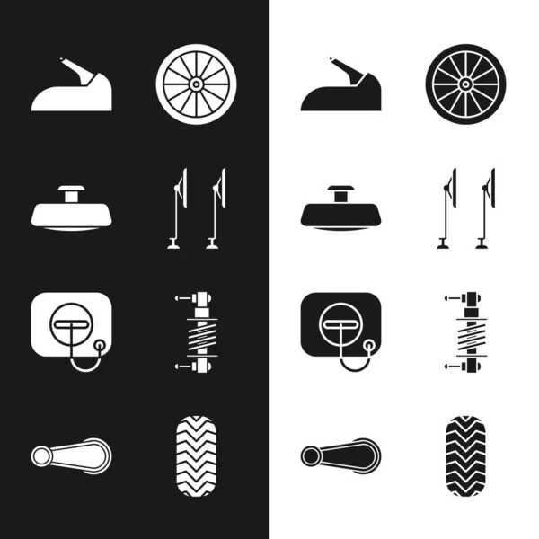 Set limpiaparabrisas, espejo de coche, freno de mano, rueda, tapón de llenado de aceite en la gasolinera, amortiguador, neumático e icono de la manija de la puerta. Vector — Vector de stock