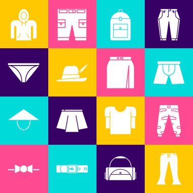 Set Pantolonu, Kamuflaj kargo pantolonu, erkek iç çamaşırı, sırt çantası, Oktoberfest şapkası, kapüşon ve etek ikonu. Vektör