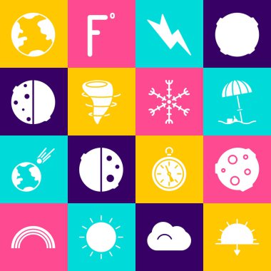 Sunset, Moon, plaj için koruyucu şemsiye, Yıldırım, Kasırga, Güneş tutulması, Dünya küresi ve Kar Tanesi ikonu. Vektör