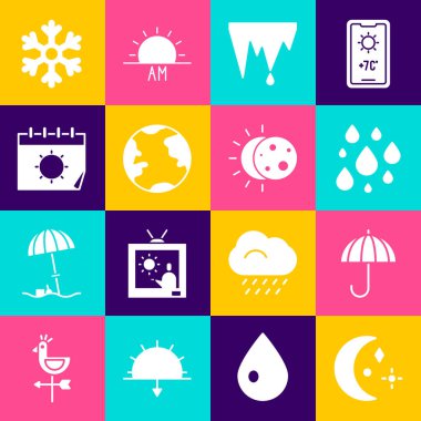 Ay ve yıldızlar, Şemsiye, Su damlası, Buz saçağı, Dünya küresi, Takvim güneşi, Kar Tanesi ve ikonun tutulması. Vektör