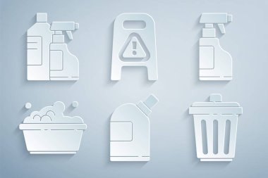 Temizlik malzemesi için şişe, deterjan şişesi plastik leğen sabun köpüğü, çöp tenekesi, ıslak zemin ve ilerleme ve ikon. Vektör