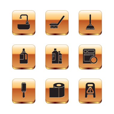 Lavaboyu muslukla, yapışkan silindirle, tuvalet kağıdıyla, temizlik malzemesi için şişelerle, kumaş yumuşatıcıyla, lastik pompayla, ıslak zeminle ve ilerlemeyle ve fırça ikonuyla ayarla. Vektör
