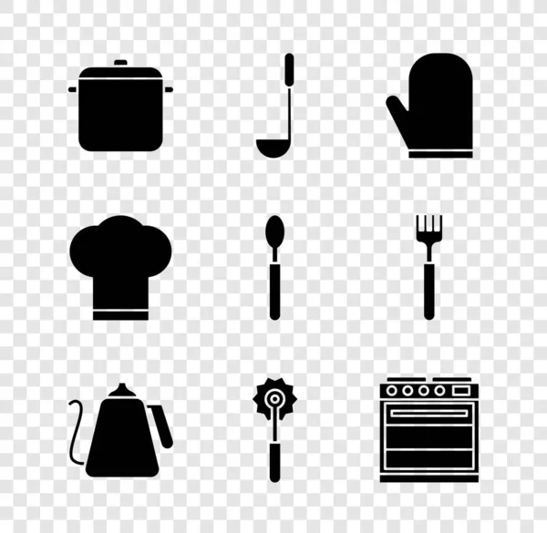 Set olla de cocina, cucharón de cocina, guante de horno, hervidor de agua con mango, cuchillo de pizza, sombrero de chef e icono de cuchara. Vector — Vector de stock