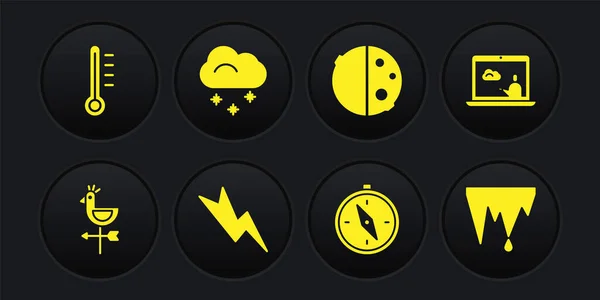 Set Veleta meteorológica gallo, Pronóstico del tiempo, Rayo, Brújula, Eclipse de sol, Nube con nieve, Icicle y Meteorología icono del termómetro. Vector — Vector de stock