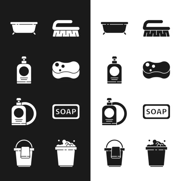 Set Sponge, Hand sanitizer bottle, Bathbath, Brush for clean, Dishwash 액상 , Bar of soap, Bucket with suds and rag icon. Vector — 스톡 벡터