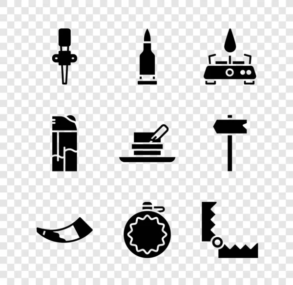 Set Torch flame, Bullet, Camping gas stove, Hunting horn, Canteen water bottle, Trap hunting, Lighter and Hunter hat with feather icon. Vector — Stock Vector