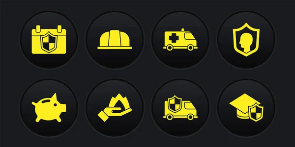 Set alcancía, seguro de vida con escudo, mano de fuego, coche, coche de emergencia, casco de seguridad del trabajador, gorra de graduación y el icono del calendario. Vector — Vector de stock