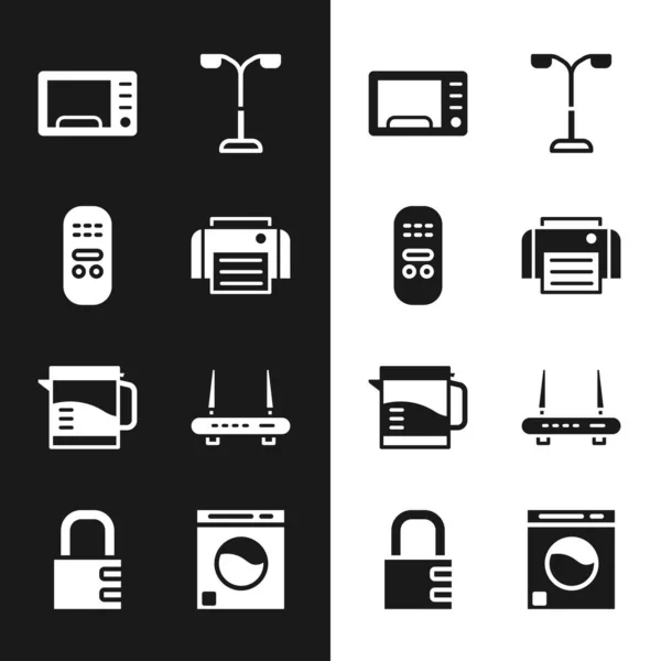 Set Printer, Remote control, Microwave oven, Street light, Electric kettle, Router and wi-fi signal, Washer and Safe combination lock icon. Vector — Stock Vector