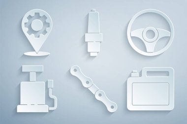 Araba zinciri, direksiyon, hava pompası, motor yağı tüpü, buji ve servis ikonu. Vektör