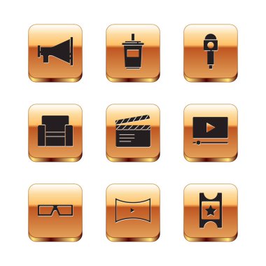 Megafon, 3D sinema gözlükleri, çevrimiçi oyun videosu, film alkışları, sinema koltuğu, mikrofon, bilet ve su ikonlu kağıt. Vektör