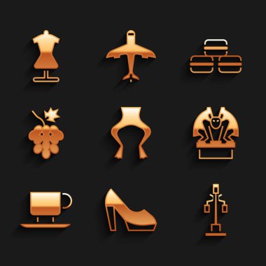 Kurbağa bacağı, kadın ayakkabısı, sokak lambası, kaidede Gargoyle kahve fincanı, üzümlü meyve, Macaron kurabiyesi ve manken ikonu. Vektör