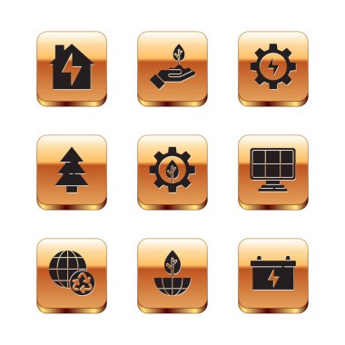 Ev ve şimşek, Yerküre geri dönüşümü, Yerküre küre tesisi, Yaprak dişli makinesi, Noel ağacı, Vites, Araba aküsü ve bitki el ikonu. Vektör