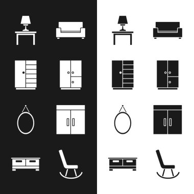 Gardırobu, masa lambasını, kanepeyi, aynayı, koltuğu ve göğüs çekmecesi simgesini hazırla. Vektör