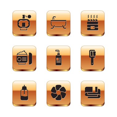 Set losyonu, Temel yağ şişesi, çiçek, krem veya losyon kozmetik tüp, sıcak sauna taşları, havlu yığını ve küvet ikonu. Vektör