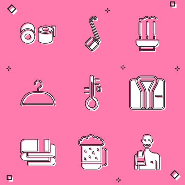 Tuvalet kağıdı rulosu, sauna kepçesi, tütsü çubukları, elbise dolabı, termometre, bornoz, havlu yığını ve tahta bira bardağı ikonu. Vektör